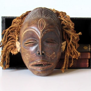 Vintage Chokwe African Tribal Mask: Hand-Carved Wood Wall Sculpture