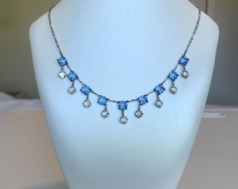 Antique 1930s Art Deco Czech Moulded Blue Glass Fringe Necklace Sterling Silver