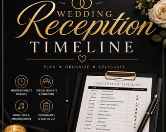 Puede incluir: Un letrero negro de cronograma para recepción de bodas con texto e iconos dorados. El letrero muestra un horario de 5:00 PM a 11:30 PM, incluyendo actividades como cóctel, cena y bailes. Un bolígrafo negro descansa sobre un portapapeles.