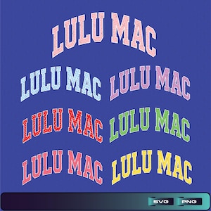 May include: A digital graphic featuring the text LULU MAC in a collegiate font, displayed in seven variations with different colors and patterns including solid pink, light blue polka dots, purple polka dots, red polka dots, green polka dots, pink, and yellow.