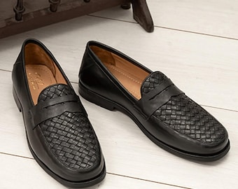 Handmade Men’s Black Italian Style leather Woven Loafers | Slip On Dress Shoes