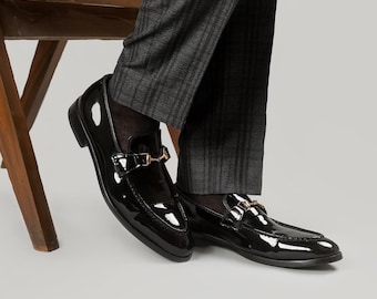 Handmade Black Patent Leather Loafers: Men's Formal Slip-On Dress Shoes