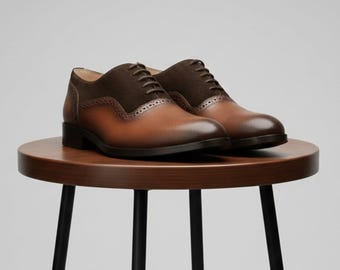 Men’s Handmade Brown Leather & Suede Brogue Oxford Shoes – Cap Toe Lace Up Formal Dress