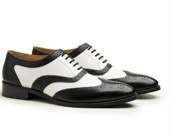Handmade Leather Wingtip Oxford Shoes | Black & White Spectator Brogues