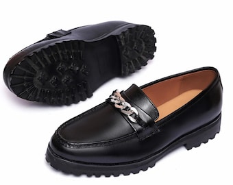 Handmade Black Leather Horsebit Loafers, Gold Chain Dress Shoes