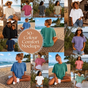 May include: A collection of short-sleeved crew neck t-shirts in various solid colors, including white, pink, gray, blue, green, and purple, displayed on individuals in outdoor settings with a central graphic reading 50+ Colour Comfort Mockups.