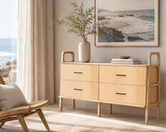 Cómoda moderna de nogal, aparador de almacenamiento escandinavo, consola ancha de cuatro cajones, armario de madera a medida para dormitorio.