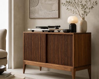 Modern Walnut Record Storage Console, Record Player Cabinet with Shelves, Mid Century Music Stand