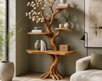 Boekenplank kersenbloesemboom, houten takplank, artistieke boekweergave, natuurmuurdecor, rustieke zwevende plankeenheid