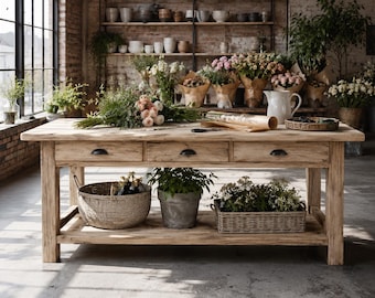 Wood Kitchen Work Table, Rustic Oak table with Drawers, Farmhouse Entryway Table, Handmade Storage Island