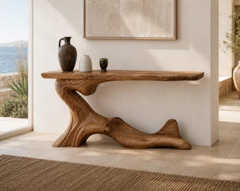 Handcrafted Solid Wood Sculptural Console Table, Rustic Entryway Accent Decor