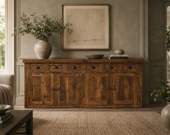 Large White Oak Sideboard, 99" Hand-Finished Buffet with 6 Drawers and 4 Cabinet Doors, Rustic Storage Console