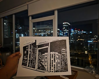 Silly Little Dreams, City Skyline Print, Original Hand Carved and Printed, Linocut Block Print 9x12