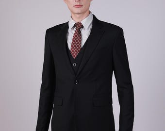 Men's Charcoal Super 140's Wool Three-Piece Suit, Formal Wedding Groom Prom Attire