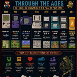 May include: A dark-themed poster titled Nintendo Handheld Devices Through The Ages, featuring a timeline of consoles from 1989 to 2019, including the Game Boy, DS, 3DS, and Switch Lite, with pixel art characters like Mario, Link, and Pikachu at the bottom.