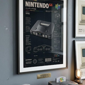 May include: A framed technical poster of the Nintendo 64 console featuring a dark background, white diagrams, and the text NINTENDO 64. Below the frame sits a grey console, a grey controller, and several game cartridges on a wooden surface.