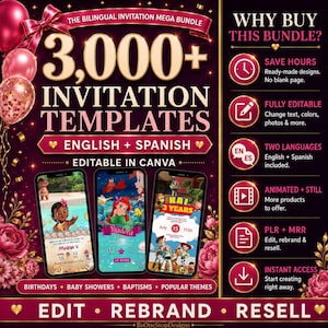 May include: A digital marketing graphic for a bundle of 3,000+ invitation templates in English and Spanish, editable in Canva. The design features pink balloons, floral accents, and three smartphone screens displaying animated birthday invitation examples.