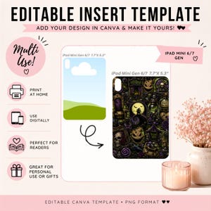 Könnte beinhalten: Eine bearbeitbare digitale Vorlage für eine iPad Mini Gen 6/7 Hülle mit den Maßen 19,56 cm mal 13,46 cm. Die Vorlage enthält einen leeren Platzhalter und ein Beispiel-Design mit einem dunklen, gotischen Muster aus Totenköpfen, Zaubertränken und einer Silhouette im Mondlicht. Das Layout umfasst Textbeschriftungen, Symbole für Druck und digitale Nutzung sowie Anweisungen zur Anpassung in Canva.