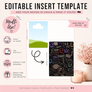 Op de afbeelding: Een bewerkbare digitale invoegsjabloon voor de iPad Pro 11 inch M4/M5 met een donkere grafische collage van neonmaskers, schedels en tekst. De lay-out bevat iconen voor printen, digitaal gebruik en geschenken, met instructies voor Canva.