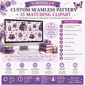 Puede incluir: Un paquete de diseño digital con un patrón personalizado sin costuras y 15 archivos PNG de imágenes prediseñadas a juego. La pantalla muestra rosas moradas, tazas de té, libros y velas. El texto incluye CUSTOM SEAMLESS PATTERN y WHAT YOU GET.