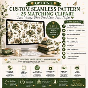 Puede incluir: Un anuncio gráfico digital para un patrón sin costuras personalizado y 25 archivos de imágenes prediseñadas a juego. La imagen muestra un monitor de computadora con un patrón de flores y libros, una pila de libros, una taza y características.