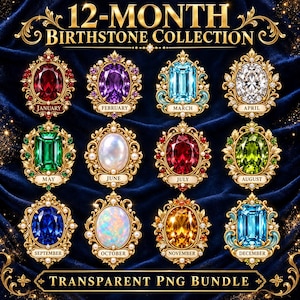 May include: A 12-month birthstone collection graphic featuring twelve ornate gold-framed gemstones labeled January through December. Each oval or rectangular gem is surrounded by intricate gold filigree and small pearls, set against a dark blue velvet background.