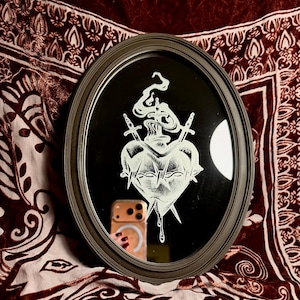 Engraved Sacred Heart Mirror | Hand-etched Gothic Wall Decor | Tattoo Inspired Wall Art