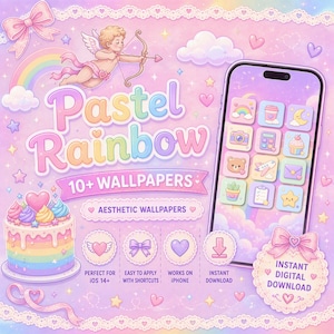 May include: A digital graphic featuring the text Pastel Rainbow 10+ WALLPAPERS, a smartphone displaying colourful app icons, a rainbow-layered cake, and a cupid illustration. The design includes lace borders, bows, hearts, and clouds.