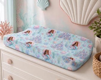 Aankleedkussenhoes met zeemeerminprinses-thema, decoratie voor de babykamer van een meisje met een onderwaterthema, roze aankleedkussenhoes met oceaanmotief, zeemeermincadeau
