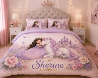 Personalized Princess Duvet Cover| Custom Girls Bedding | Unicorn Personal Princess Collection | Purple Unicorn Duvet Cover