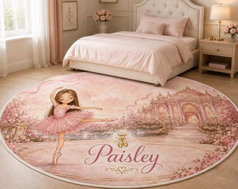 Personalized Ballerina Princess Round Rug, Custom Ballet Bedroom Decor, Dance Room Carpet