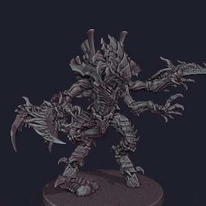 May include: A grey, unpainted miniature figurine of a multi-limbed creature with a segmented, armored exoskeleton, sharp claws, and a horned head. The creature stands on a circular base, featuring intricate, organic textures and spikes.
