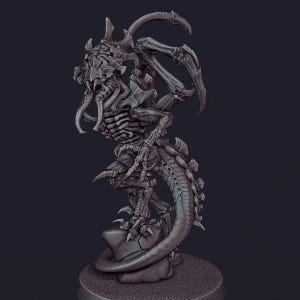 May include: A grey, unpainted miniature figurine of a creature with a segmented exoskeleton, multiple limbs, and a long, curved tail. The creature stands on a rocky base, featuring sharp protrusions, clawed hands, and a complex, armored head structure.