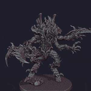 May include: A grey, unpainted miniature figurine of a multi-limbed alien creature with a segmented exoskeleton, sharp claws, and a horned head. The creature stands in a dynamic pose on a circular base, featuring intricate chitinous armor plating.