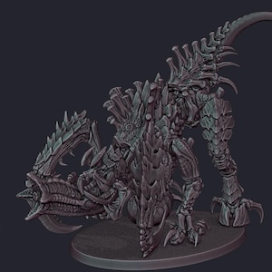 May include: A grey, highly detailed miniature figurine of a multi-limbed, alien-like creature with a segmented, armored exoskeleton, sharp spikes along its back, a long tail, and a wide, open, tooth-lined maw, standing on a circular base.