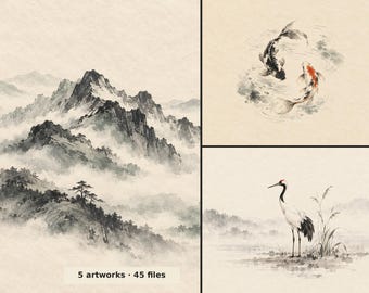 Puede incluir: Una colección de tres obras de arte estilo aguada con un paisaje montañoso brumoso, dos peces koi nadando en círculo y una grulla de corona roja en un pantano. En la esquina inferior izquierda aparece el texto 5 artworks 45 files.
