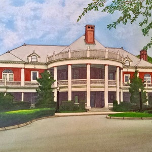 May include: Watercolor painting of a large, stately red brick mansion with white columns and trim. The house has a wraparound porch and a gray roof. Green trees and bushes surround the house, and a blue sky is in the background.