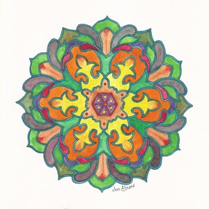 May include: A colorful mandala art print with a symmetrical floral design. The artwork features a vibrant palette of orange, yellow, green, purple, and blue hues. The artist's signature, "Jon Almond," is visible in the lower right corner.