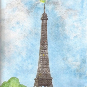 May include: A watercolor painting of the Eiffel Tower in Paris, France. The tower is depicted in a light gray color against a blue sky with white clouds. The painting is signed "Jon Gleason" in the bottom left corner.