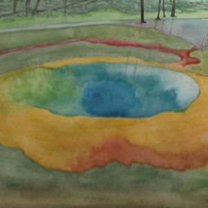 May include: Watercolor painting of a pond with a blue center, surrounded by yellow, green, and red hues. The pond is set in a green landscape with trees in the background. The artwork has a natural, serene feel.