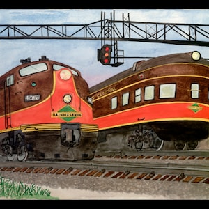 May include: Watercolor painting of two vintage Illinois Central trains. The trains are brown and red with the words "Illinois Central" on the front. The painting includes train tracks, a signal light, and a blue sky.