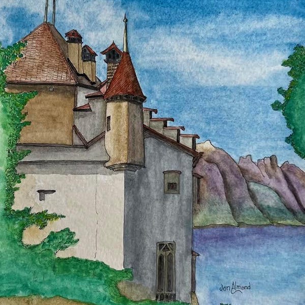 Chillon Castle, an unframed original watercolor painting