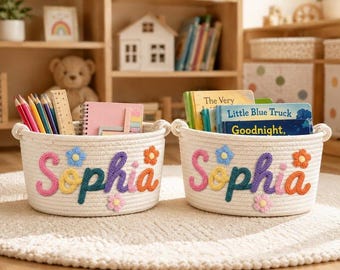 Cesto de corda bordado 3D personalizado, cesto de algodão com nome personalizado, organizador de brinquedos para quarto infantil, presente para chá de bebê