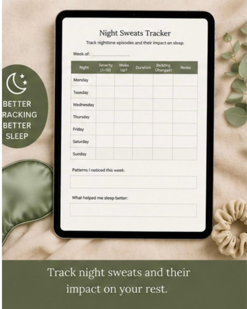 May include: A digital tablet displaying a Night Sweats Tracker template with columns for severity, wake-ups, duration, and bedding changes. The screen includes the text Better Tracking Better Sleep and sections for patterns and sleep aids.