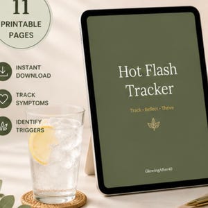 May include: A tablet displaying a green Hot Flash Tracker interface with the text Track, Reflect, Thrive and GlowingAfter40. Beside it sits a clear glass of water with ice and a lemon slice on a woven coaster, plus 11 printable pages text.