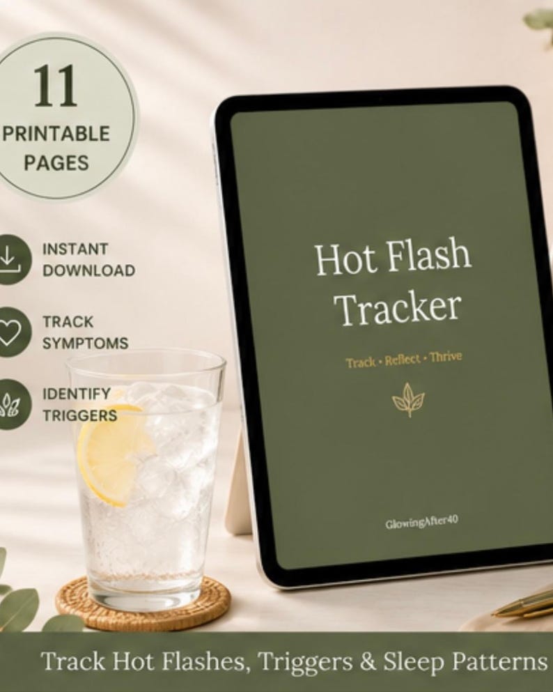 May include: A tablet displaying a green Hot Flash Tracker interface with the text Track, Reflect, Thrive and GlowingAfter40. Beside it sits a clear glass of water with ice and a lemon slice on a woven coaster, plus 11 printable pages text.
