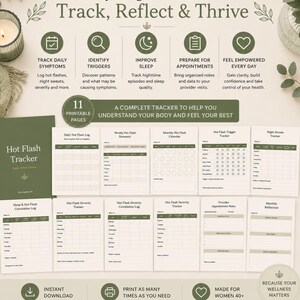 May include: A set of 11 printable pages titled Hot Flash Tracker, featuring charts to log daily symptoms, identify triggers, improve sleep, and prepare for appointments. The documents include logs for hot flashes, night sweats, and monthly reflections.