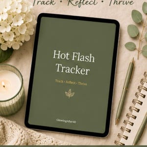 May include: A digital tablet displaying a Hot Flash Tracker with a dark olive green background. The screen features the text Track, Reflect, Thrive, Hot Flash Tracker, and GlowingAfter40. A small leaf icon is centered below the main text.