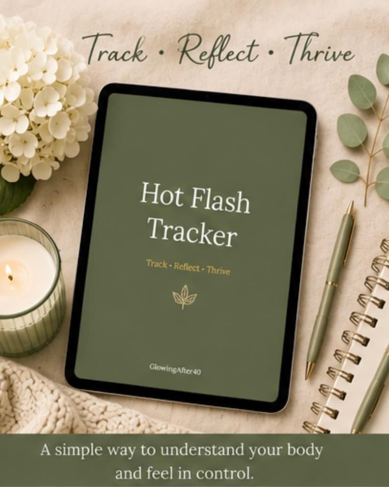 May include: A digital tablet displaying a Hot Flash Tracker with a dark olive green background. The screen features the text Track, Reflect, Thrive, Hot Flash Tracker, and GlowingAfter40. A small leaf icon is centered below the main text.