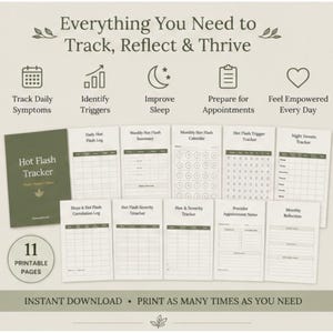 May include: A set of 11 printable pages for a Hot Flash Tracker, featuring a dark green cover and white interior sheets with tables and calendars. Text includes Everything You Need to Track, Reflect & Thrive and 11 Printable Pages.